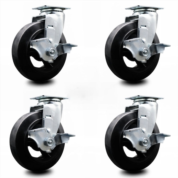 6 Inch Rubber on Cast Iron Swivel Caster Set with Ball Bearings and Brakes